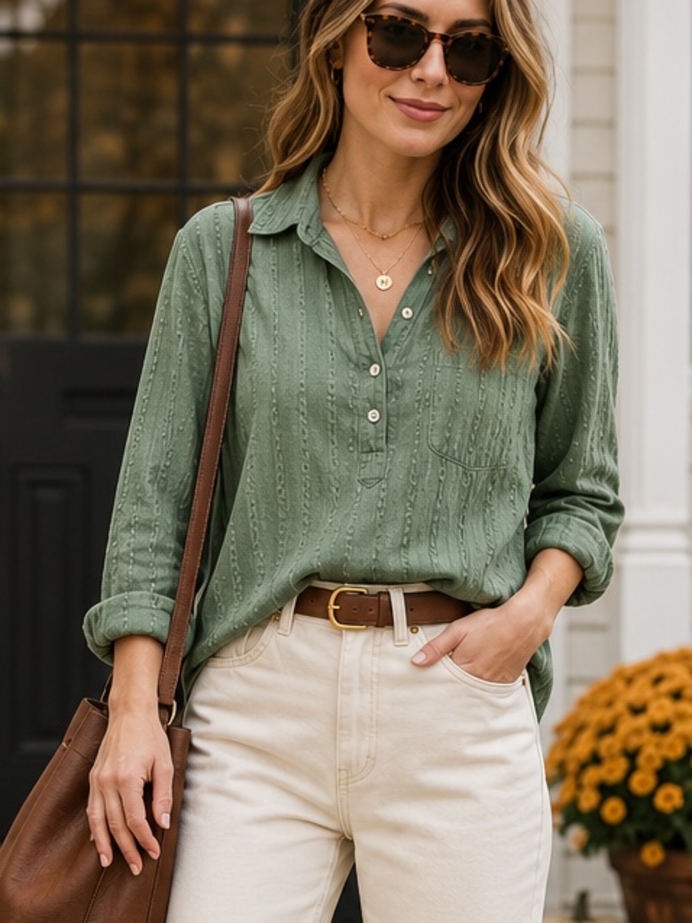 J.Crew Mercantile Green Textured Cotton Popover Shirt Size L